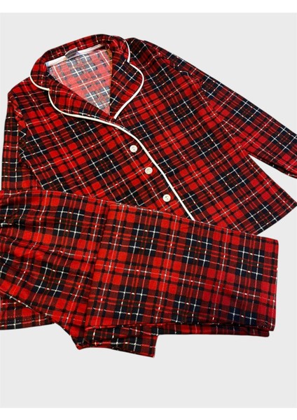 Kız Çocuk Pamuklu Süet Kumaş Kırmızı Ekose Desenli Uyku Bantlı Gömlek Yaka Düğmeli Pijama Takımı modelleri
