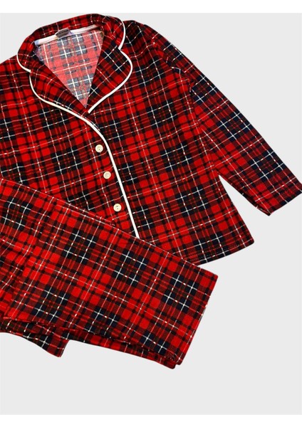 Kız Çocuk Pamuklu Süet Kumaş Kırmızı Ekose Desenli Uyku Bantlı Gömlek Yaka Düğmeli Pijama Takımı fırsatları