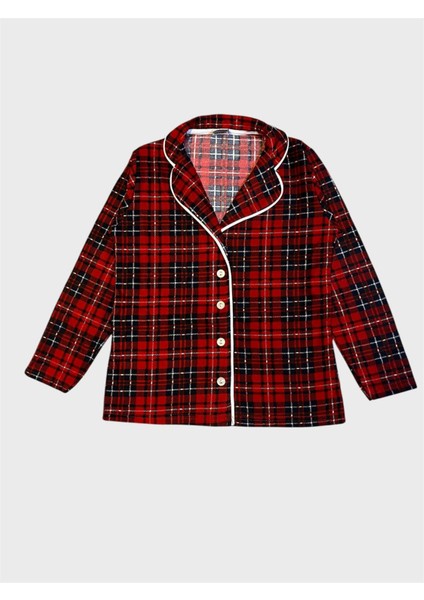 Kız Çocuk Pamuklu Süet Kumaş Kırmızı Ekose Desenli Uyku Bantlı Gömlek Yaka Düğmeli Pijama Takımı indirimleri
