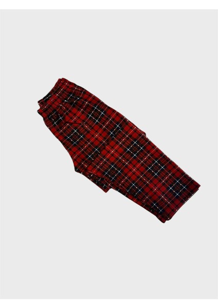 Kız Çocuk Pamuklu Süet Kumaş Kırmızı Ekose Desenli Uyku Bantlı Gömlek Yaka Düğmeli Pijama Takımı