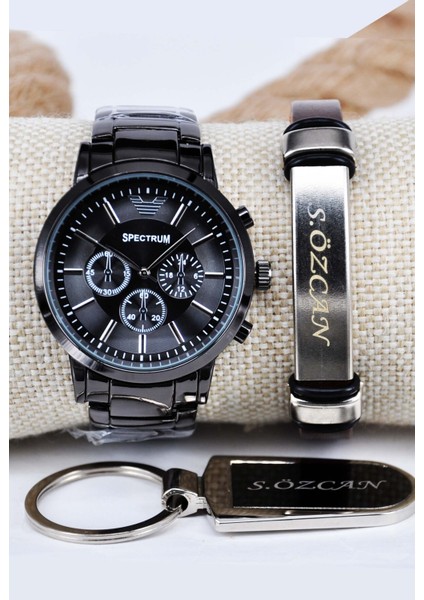 Siyah Renk Isme Özel Bileklikli Anahtarlıklı Hediyelik Metal Kordon Yetişkin Erkek Kol Saati SU-1228