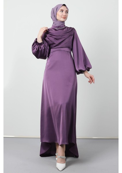 Kuyruklu Degaje Elbise Koyu Lila