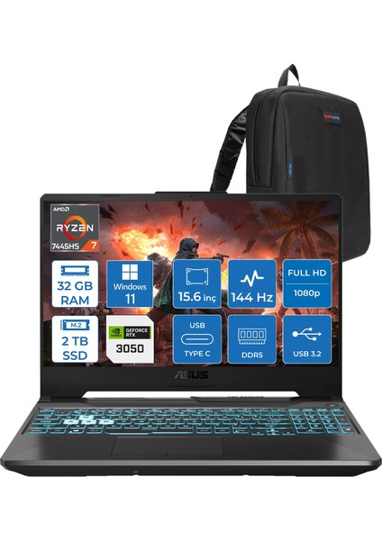 Tuf Gaming A15 – FA506NCG Amd Ryzen 7-7445HS 32GB Ddr5 2tb SSD Rtx 3050/4GB 75W 15.6 Inç Full Hd 144Hz Ips-Level WIN11PRO Gaming Bilgisayar HN206AF14+ZETTAÇANTA