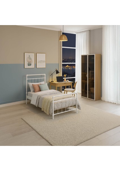 Odin Tek Kişilik Metal Karyola-Beyaz (Ahşap Latalı)