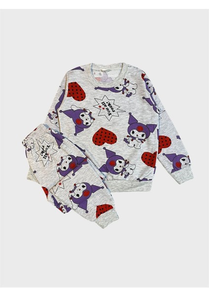 Kız Çocuk Pamuklu Şardonlu Gri Kuromi Desenli Uzun Kollu Kışlık Pijama Takımı
