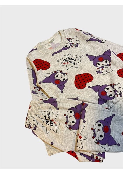 Kız Çocuk Pamuklu Şardonlu Gri Kuromi Desenli Uzun Kollu Kışlık Pijama Takımı modelleri