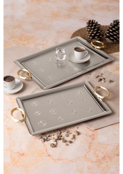 Metal Gümüş & Gold 2’li Tepsi Seti – Işlemeli Altın Kulplu Servis ve Sunum Tepsisi, Kararmaz, Solmaz