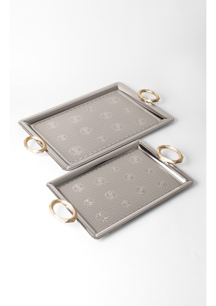 Metal Gümüş & Gold 2’li Tepsi Seti – Işlemeli Altın Kulplu Servis ve Sunum Tepsisi, Kararmaz, Solmaz indirimleri