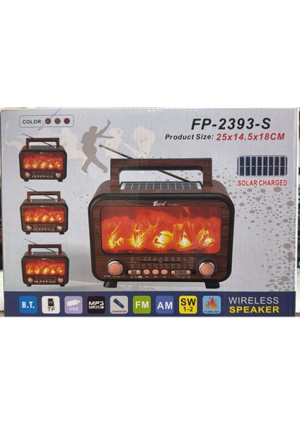 FP-2393-S Şömineli Güneş Panelli Bluetooth USB Nostaljik Radyo