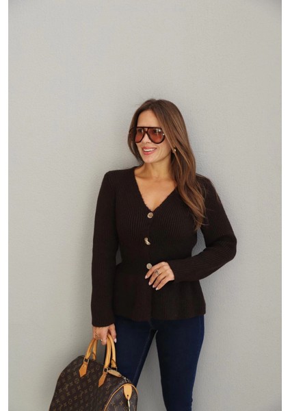 Kahverengi Gold Düğme Detay Peplum Hırka