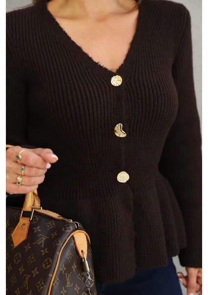 Kahverengi Gold Düğme Detay Peplum Hırka fiyatları