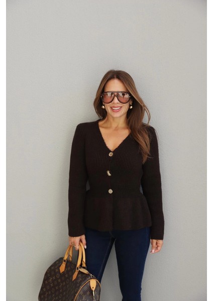 Kahverengi Gold Düğme Detay Peplum Hırka modelleri