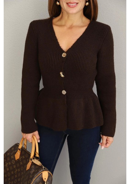 Kahverengi Gold Düğme Detay Peplum Hırka fırsatları