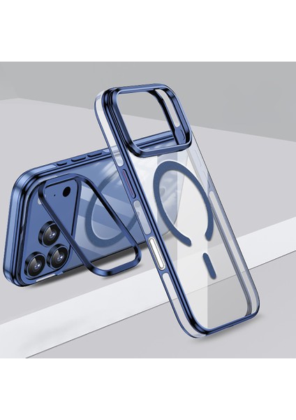 iPhone 17 Pro Uyumlu Kılıf Wlons Magsafeli Renkli Çerçeve Standlı Efsane Kapak Mavi