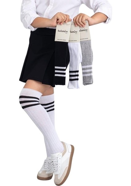 Kız Çocuk Dizaltı Çorap 3 Çift Beyaz-Gri-Siyah
