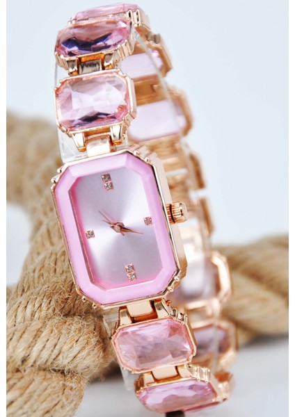 Bakır Renk Pembe Zirkon Taşlı Kordon Detaylı Şık Sade Genç Kız Kadın Kol Saati STA-1218