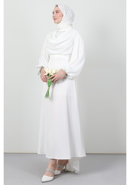 Kuyruklu Degaje Elbise Beyaz