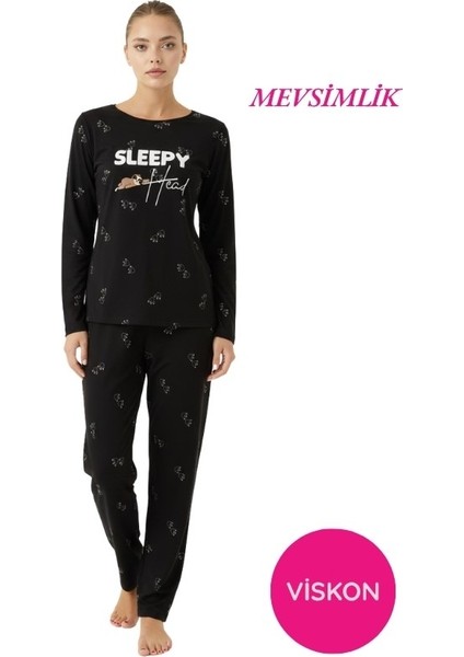 Kadın Desenli Bisiklet Yaka Düğmesiz Mevsimlik Likra Viskon Uzun Kollu Pijama Takımı