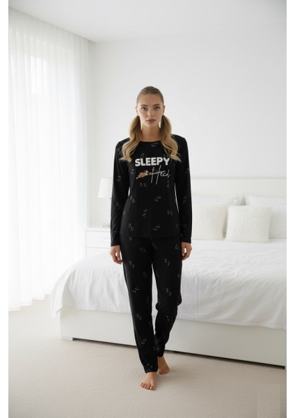 Kadın Desenli Bisiklet Yaka Düğmesiz Mevsimlik Likra Viskon Uzun Kollu Pijama Takımı modelleri