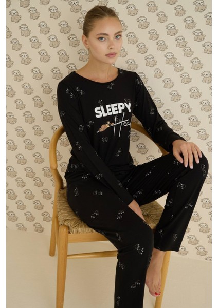 Kadın Desenli Bisiklet Yaka Düğmesiz Mevsimlik Likra Viskon Uzun Kollu Pijama Takımı fırsatları