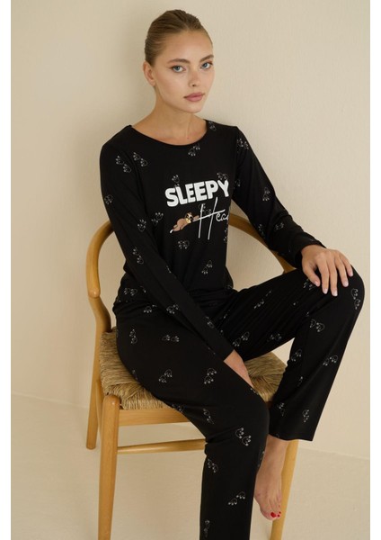 Kadın Desenli Bisiklet Yaka Düğmesiz Mevsimlik Likra Viskon Uzun Kollu Pijama Takımı