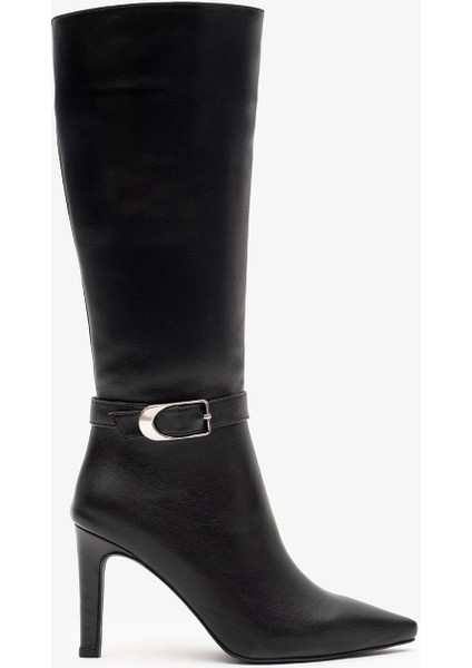 Jude Siyah Deri Kadın Topuklu Çizme