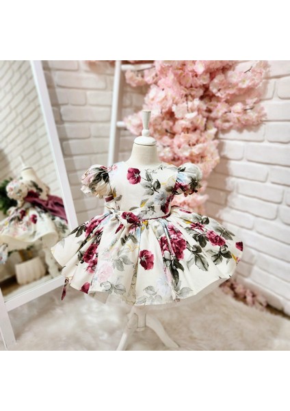 Krem Bordo Güllü Vintage Elbise,doğum Günü Elbise,fotoğraf Çekim Elbise,0-12 Yaş Uygun modelleri