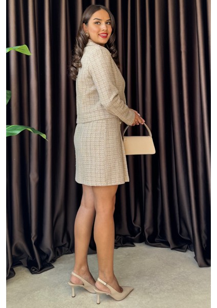 Elenor Simli Dokuma Gold Düğmeli Premium Şık Kadın Vizon Etekli Takım indirimleri