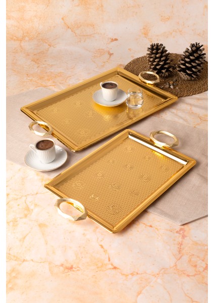 Metal Gümüş & Gold 2’li Tepsi Seti – Işlemeli Altın Kulplu Servis ve Sunum Tepsisi, Kararmaz, Solmaz