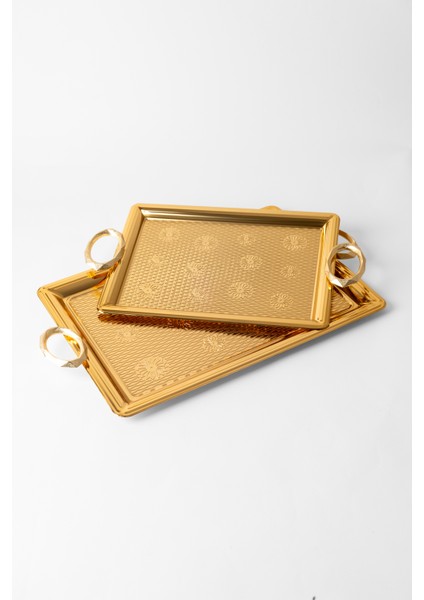 Metal Gümüş & Gold 2’li Tepsi Seti – Işlemeli Altın Kulplu Servis ve Sunum Tepsisi, Kararmaz, Solmaz fiyatları