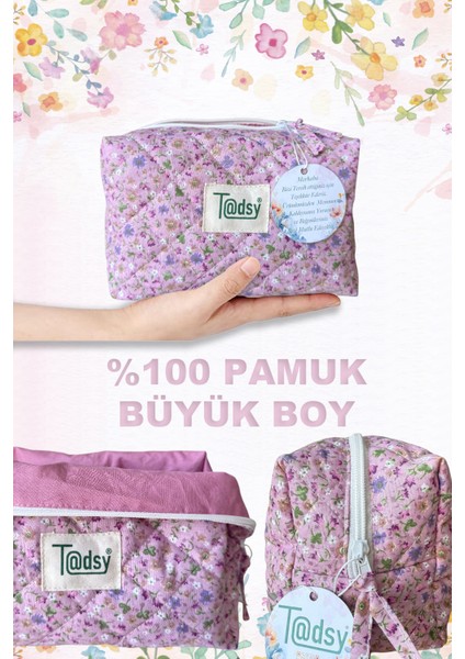 Çıtır Çiçekli Pembe %100 Pamuk Makyaj ve Kozmetik Çantası | 22X12X10 cm | Seyahat Organizer