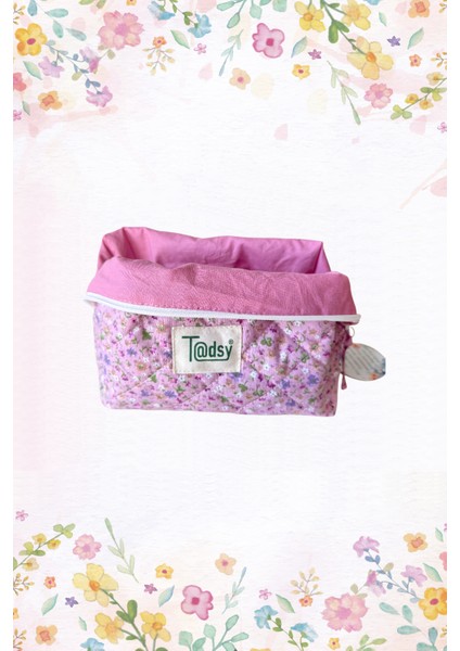 Çıtır Çiçekli Pembe %100 Pamuk Makyaj ve Kozmetik Çantası | 22X12X10 cm | Seyahat Organizer