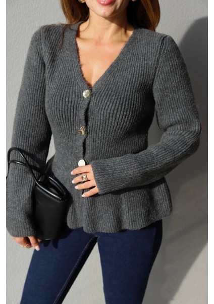 Antrasit Gold Düğme Detay Peplum Hırka modelleri