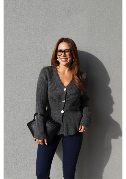 Antrasit Gold Düğme Detay Peplum Hırka fırsatları