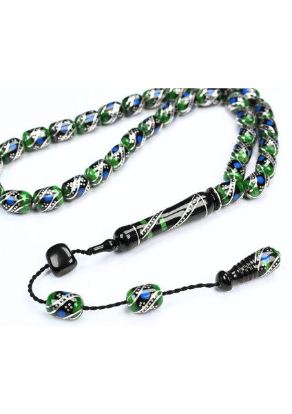 Oltu Taşı ve Yeşil Galalith Çift Çeşmi Işlemeli Tespih indirimleri