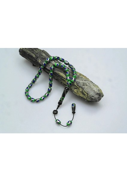 Oltu Taşı ve Yeşil Galalith Çift Çeşmi Işlemeli Tespih