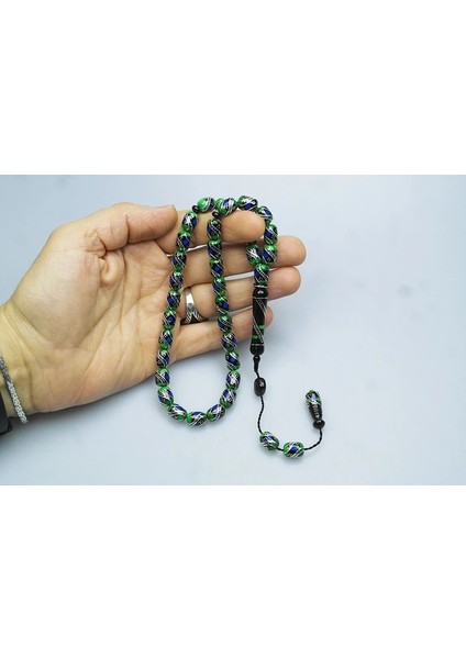 Oltu Taşı ve Yeşil Galalith Çift Çeşmi Işlemeli Tespih