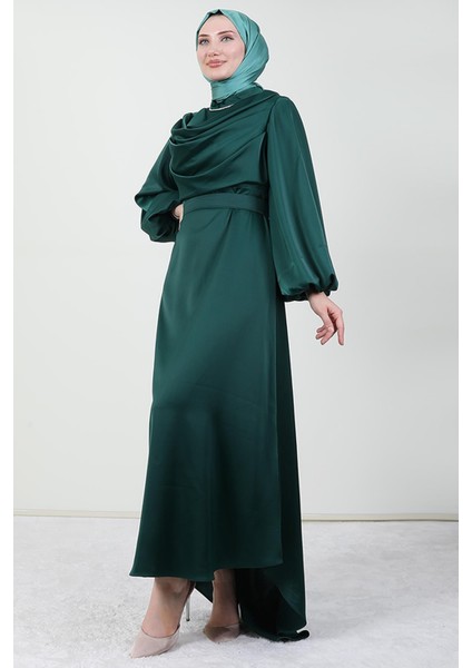 Kuyruklu Degaje Elbise Zümrüt