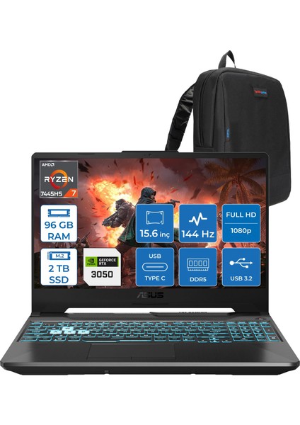 Tuf Gaming A15 – FA506NCG Amd Ryzen 7-7445HS 96GB Ddr5 2tb SSD Rtx 3050/4GB 75W 15.6 Inç Full Hd 144Hz Ips-Level Freedos Gaming Bilgisayar HN206AF34+ZETTAÇANTA