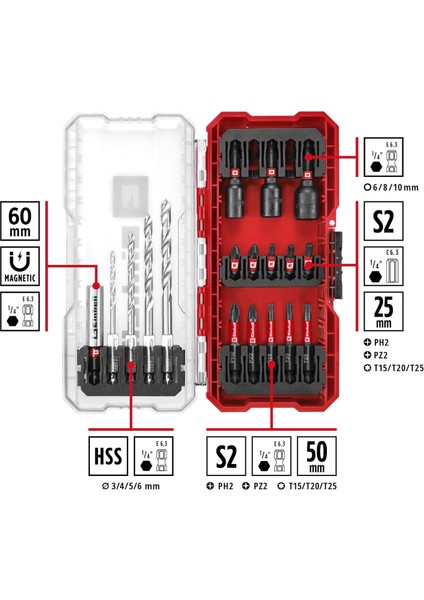 Orijinal Einhell S-Case 18-Parça Darbeye Dayanıklı Vidalama Uç Seti (25 mm Bits, 50 mm Bits, 60 mm U modelleri