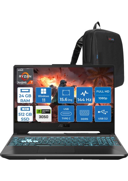Tuf Gaming A15 – FA506NCG Amd Ryzen 7-7445HS 24GB Ddr5 512GB SSD Rtx 3050/4GB 75W 15.6 Inç Full Hd 144Hz Ips-Level WIN11HOME Gaming Bilgisayar HN206AF07+ZETTAÇANTA