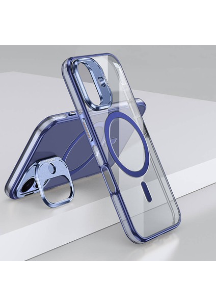 iPhone 16 Uyumlu Kılıf Wlons Magsafeli Renkli Çerçeve Standlı Efsane Kapak Mavi