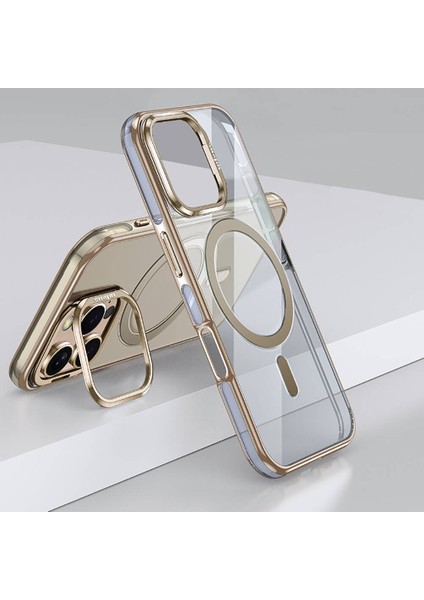 iPhone 16 Pro Uyumlu Kılıf Wlons Magsafeli Renkli Çerçeve Standlı Efsane Kapak Titanyum Gold