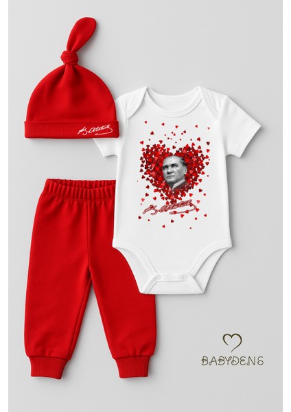 Baby Den's %100 Pamuk Atatürk Baskılı 3'lü Yenidoğan Bebek Takımı | Kısa Kol Body Zıbın (Üst), Pantolon ve Bere (Şapka) Seti Kırmızı Beyaz fiyatları
