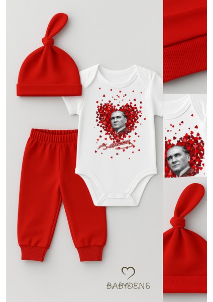Baby Den's %100 Pamuk Atatürk Baskılı 3'lü Yenidoğan Bebek Takımı | Kısa Kol Body Zıbın (Üst), Pantolon ve Bere (Şapka) Seti Kırmızı Beyaz modelleri