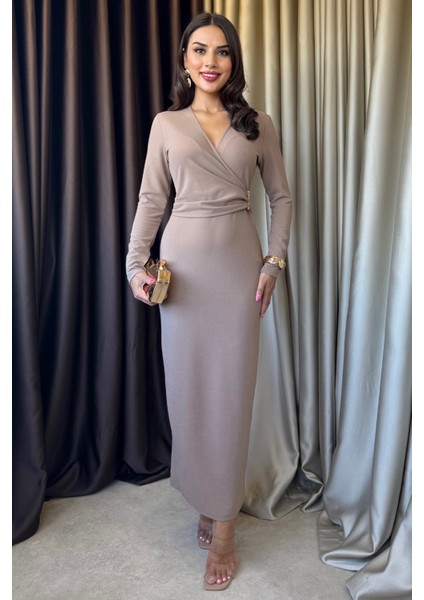Valina Önü Pileli Uzun Kollu Davet & Günlük Şık Kadın Vizon Elbise