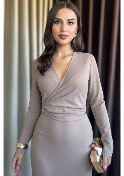 Valina Önü Pileli Uzun Kollu Davet & Günlük Şık Kadın Vizon Elbise fiyatları