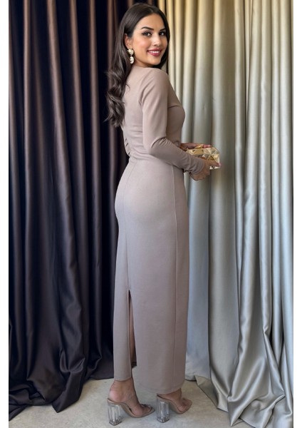 Valina Önü Pileli Uzun Kollu Davet & Günlük Şık Kadın Vizon Elbise indirimleri