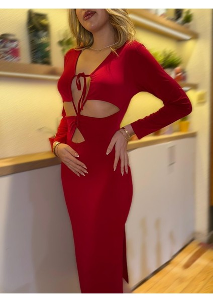 Kadın Uzun Kollu Göğüs ve Göbek Dekolte Detay Sandy Midi Boy Elbise fiyatları