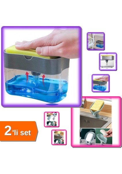 Pompa Mekanizmalı Sünger Hazneli Sıvı Sabunluk + Vantuzlu Su Giderli Drenaj Katı Sabunluk 1A2B3D